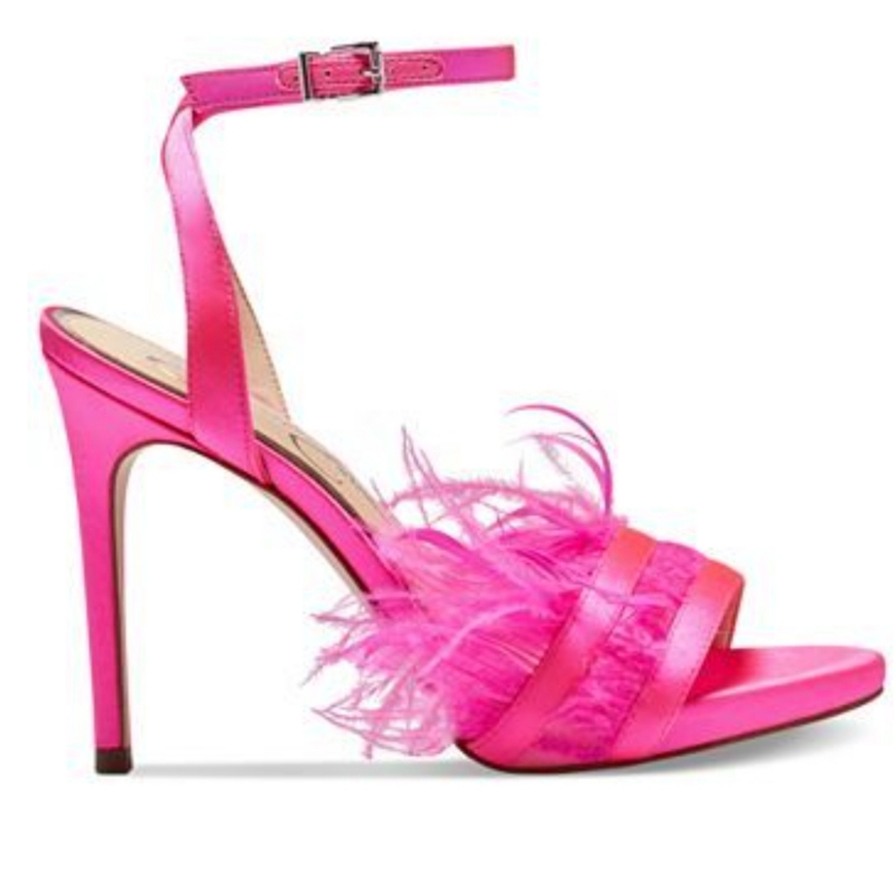 New Neon Pink Ostrich Feather Jessica Simpson Strappy Heels Size 7